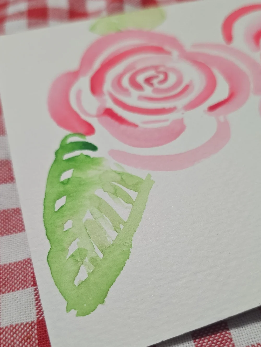 Handpainted Watercolor Rose Card in Pink and Green